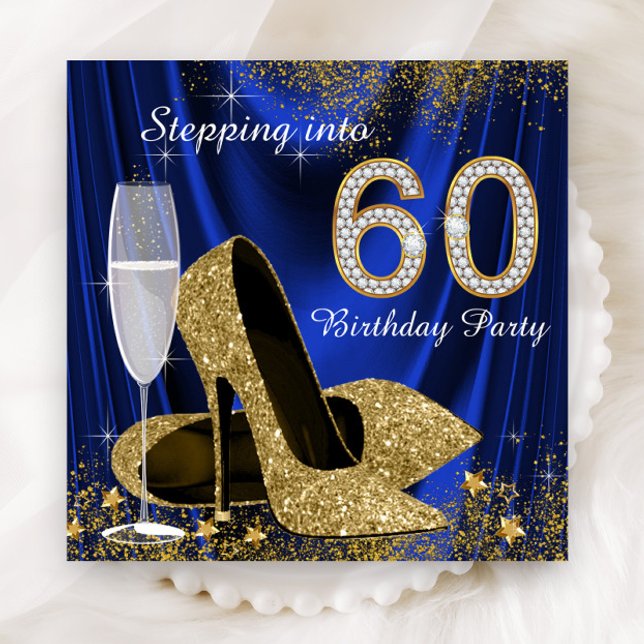 Invitation Royal Bleu Or Pénétrer dans 60 Anniversaire (Womans royal blue satin, gold high heels and diamond numbers 60th birthday invitation. )