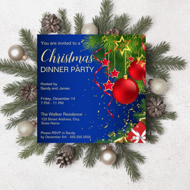 Invitation Royal bleu rouge vert baules étoiles Noël (Royal blue red green baubles stars Christmas party editable template Invitation digital download)