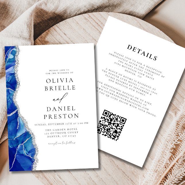 Invitation Royal Blue Agate Argent Mariage QR Code (Créateur téléchargé)