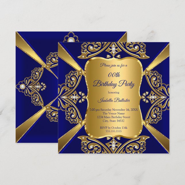 Invitation Royal Blue Ajouter Age Anniversaire Party Gold Dia (Devant / Derrière)