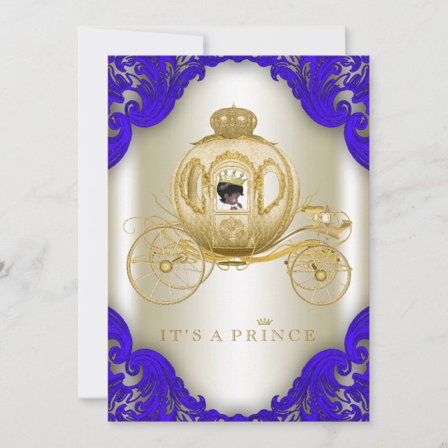 Invitation Royal Blue and Gold Carriage Prince Baby shower (Devant)