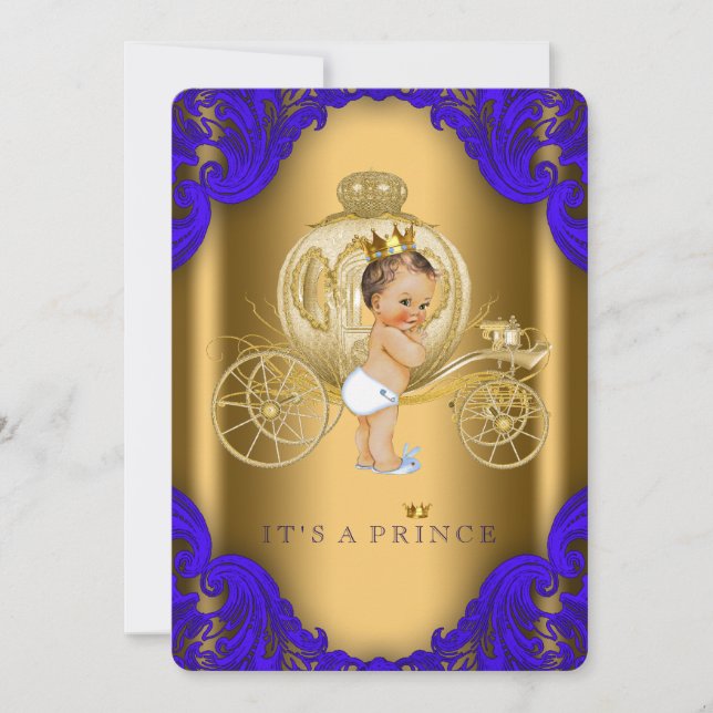 Invitation Royal Blue and Gold Carriage Prince Baby shower (Devant)