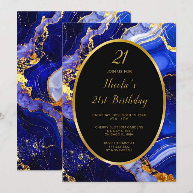 Invitation Royal Blue and Gold Marble Agate Anniversaire (Devant / Derrière)
