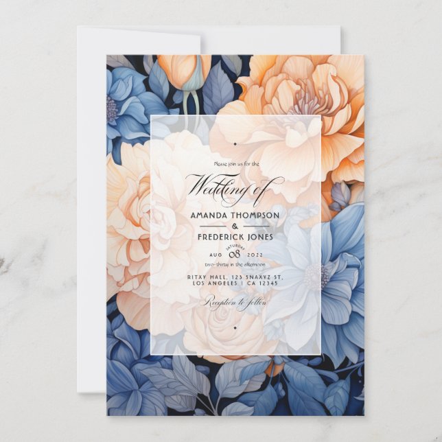Invitation Royal Blue and Peach and Grey Floral Mariage (Devant)