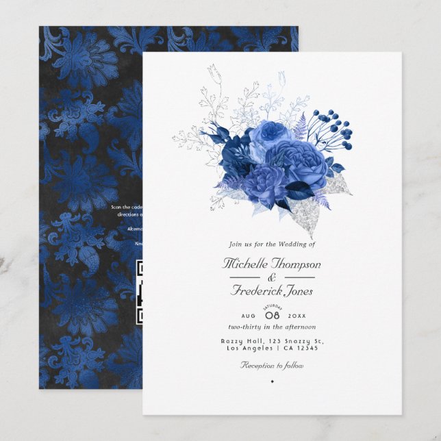 Invitation Royal Blue and Silver Floral QR Code RSVP Mariage (Devant / Derrière)