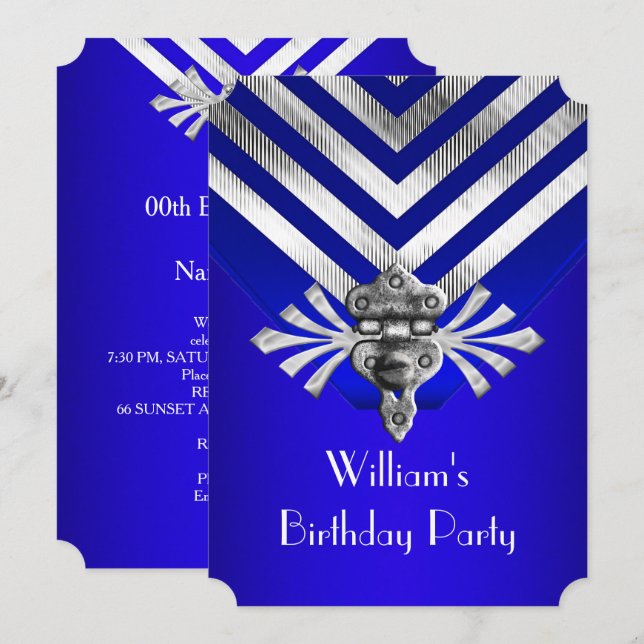 Invitation Royal Blue Anniversaire fête Silver Stripe (Devant / Derrière)