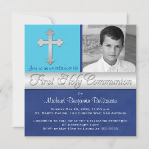 Invitation Royal Blue, Aqua 1st Holy Communion Photo Invitati