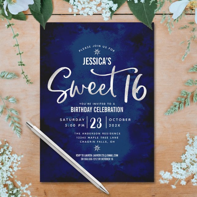 Invitation Royal Blue Argent Script Bold Sweet 16 Anniversair (Créateur téléchargé)