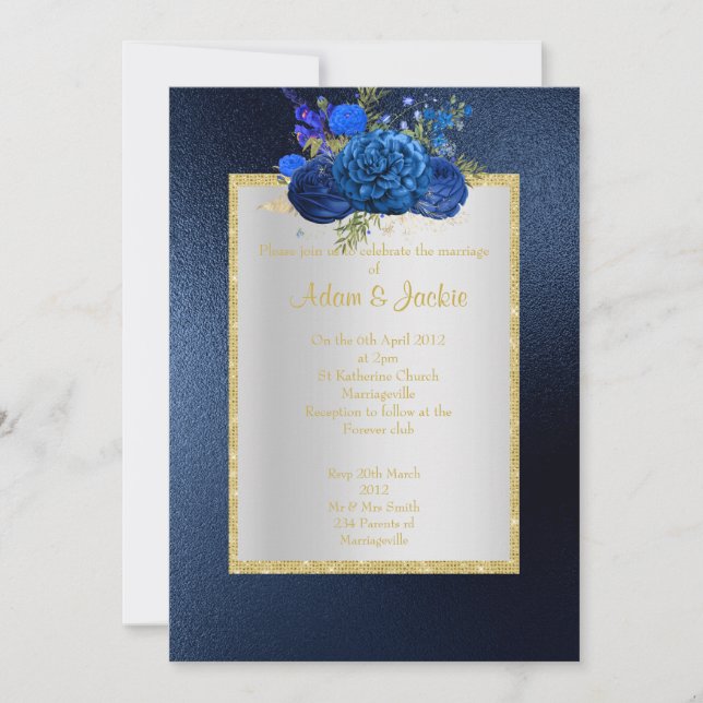 Invitation ROYAL BLUE Bouquet Floral ÉLÉGANT MARIAGE CLASSÉ (Devant)