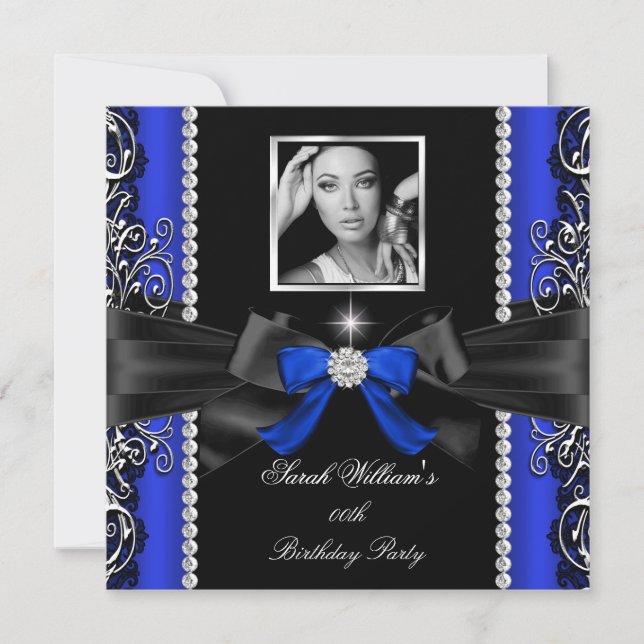 Invitation Royal Blue Bow Anniversaire de fête Black Silver P (Devant)