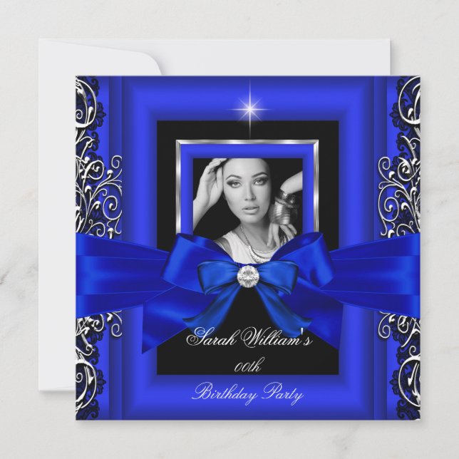 Invitation Royal Blue Bow Anniversaire de fête Silver Photo (Devant)
