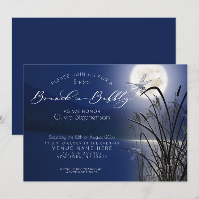 Invitation Royal Blue Brunch Pleine lune de bulle libellule (Devant / Derrière)