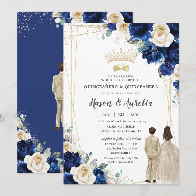 Invitation Royal Blue Champagne Twins Boy Girl Quinceañera (Devant / Derrière)