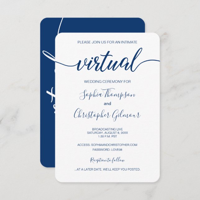 Invitation Royal Blue Chic Custom VIRTUAL Mariage (Devant / Derrière)