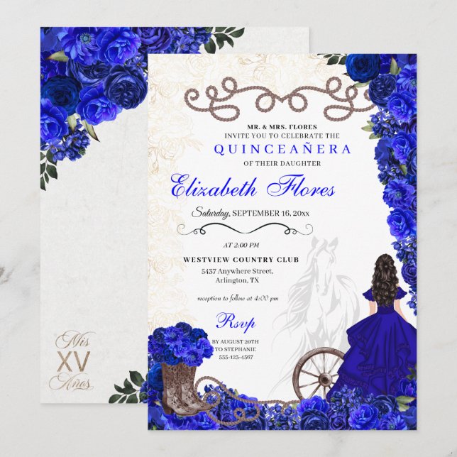 Invitation Royal Blue Cowgirl Ranchero Western Quinceanera (Devant / Derrière)