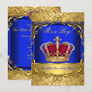 Invitation Royal Blue Damask Gold Baby shower Couronne Boy 4