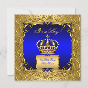 Invitation Royal Blue Damask Gold Crown Baby shower Boy bs4