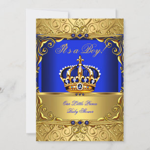 Invitation Royal Blue Damask Gold Crown Baby shower Boy bsA