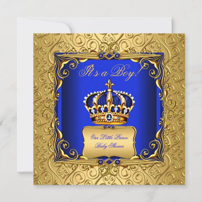 Invitation Royal Blue Damask Gold Crown Baby shower Boy bsc (Devant)