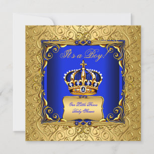 Invitation Royal Blue Damask Gold Crown Baby shower Boy bsc