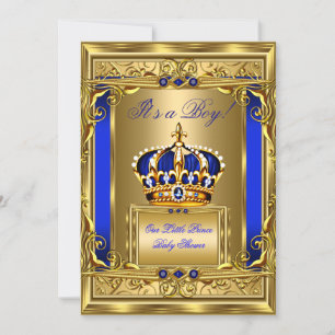 Invitation Royal Blue Damask Gold Crown Baby shower Garçon bg