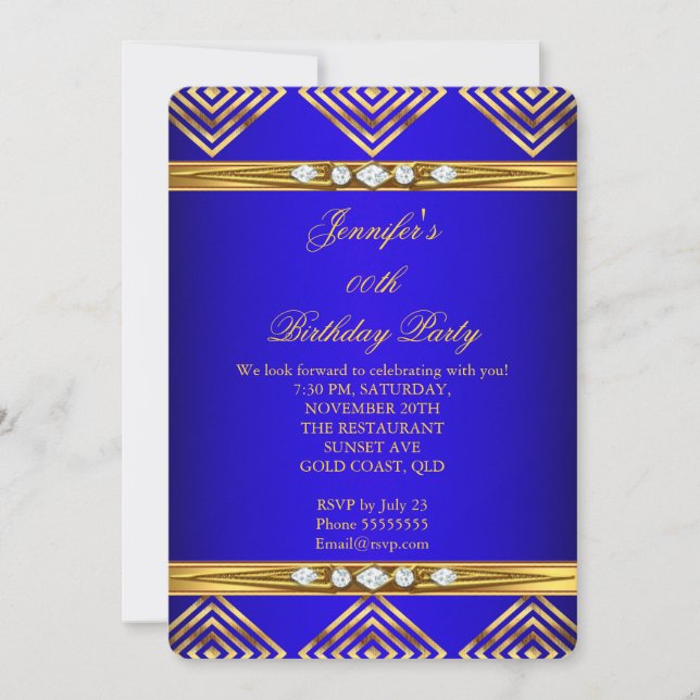 Invitation Royal Blue Deco Stripe Gold Diamond Party (Devant)