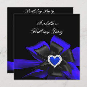 Invitation Royal Blue Diamond Heart Black Bow fête d'annivers