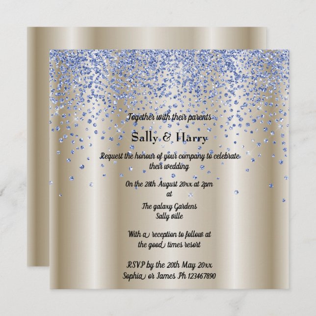 Invitation Royal Blue Diamonds mariage cristal bleu or (Devant / Derrière)