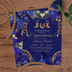 Invitation Royal Blue Elegant Roses + Gold Charro Quinceanera