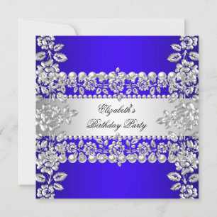 Invitation Royal Blue Elegant Silver Floral fête d'anniversai