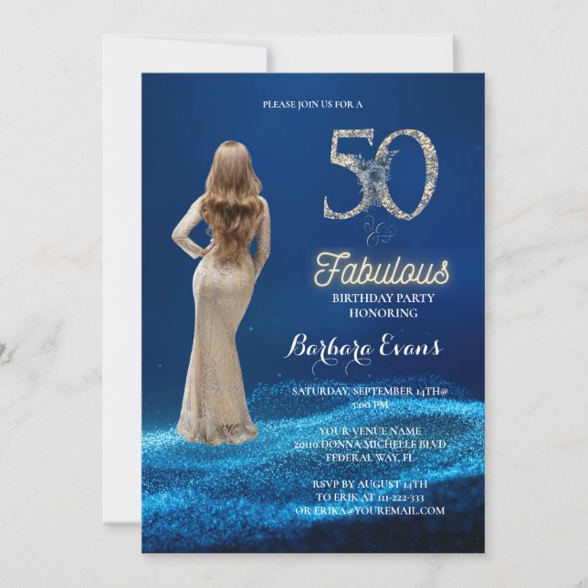 Invitation Royal Blue Et Argent Cinquante Et Fabuleux Anniver (Devant)
