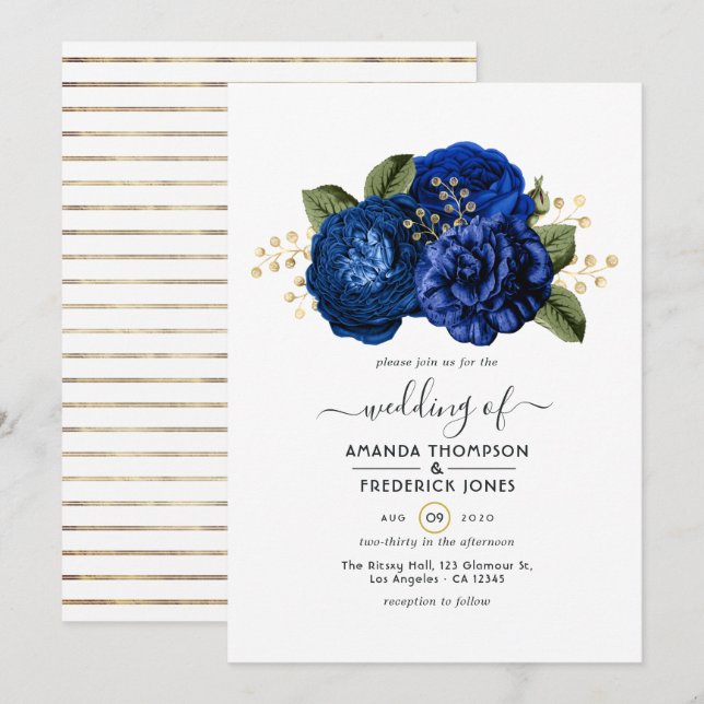 Invitation Royal Blue et Faux Foil Gold Floral Mariage (Devant / Derrière)