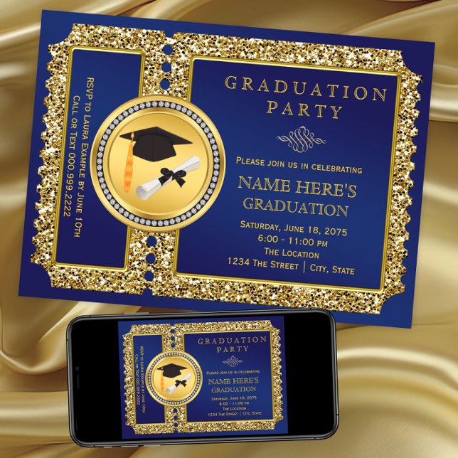 Invitation Royal Blue et Gold Graduation (Royal blue and gold graduation party invitation. Instant download file and printed invites available)