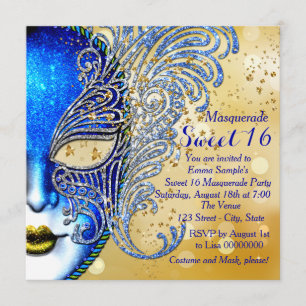 Invitation Royal Blue et Gold Sweet 16 Masquerade Party