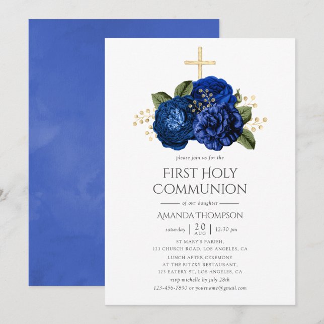 Invitation Royal Blue et or Floral Première communion sainte (Devant / Derrière)