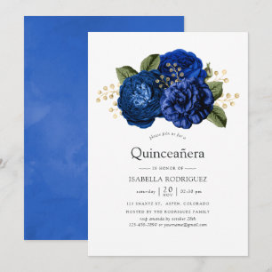 Invitation Royal Blue et or Floral Quinceañera