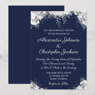 Invitation Royal Blue et Pearl White Floral Mariage