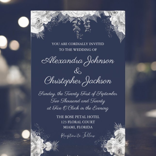 Invitation Royal Blue et Pearl White Floral Mariage (Créateur téléchargé)