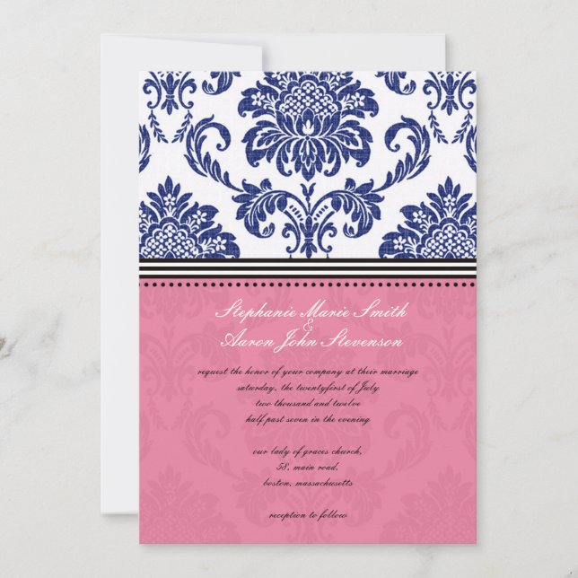 Invitation Royal Blue et Pink Mariage damassé (Devant)