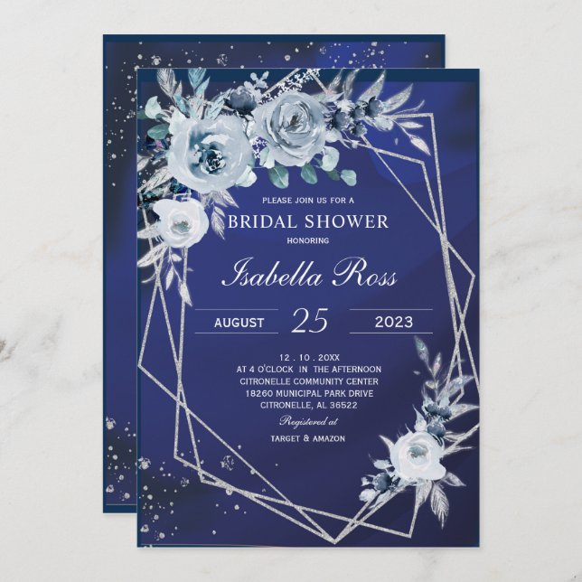 Invitation Royal Blue et Silver Bridal Showback (Devant / Derrière)