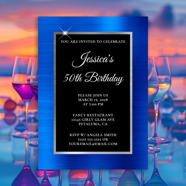 Invitation Royal Blue et Silver Foil Black 50e anniversaire (Royal Blue and Silver Foil Black 50th Birthday Invitation)