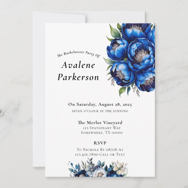 Invitation Royal Blue et Silver Peony Bachelorette Party (Devant)