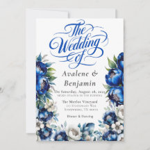 Royal Blue et Silver Peony Mariage Calligraphie