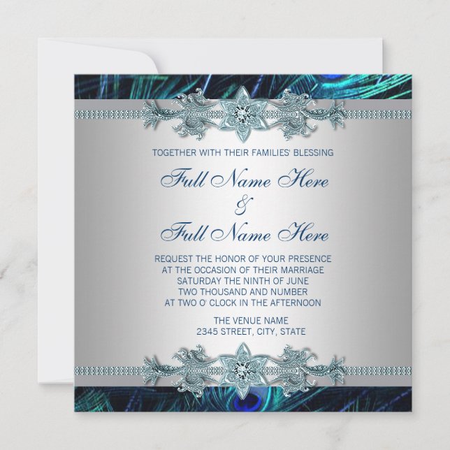 Invitation Royal Blue et Silver Royal Indian Peacock Mariage (Devant)