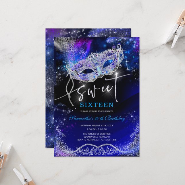 Invitation Royal Blue et Silver Sweet 16 Décorations (Devant/Arrière en situation)