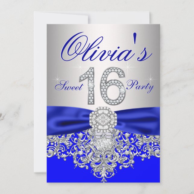 Invitation Royal Blue et Silver Sweet 16 Party (Devant)