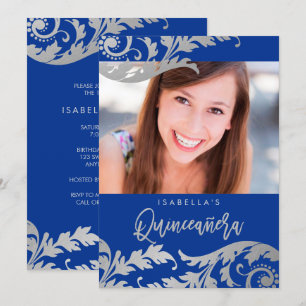 Invitation Royal Blue Faux Silver Swils Photo Quinceanera