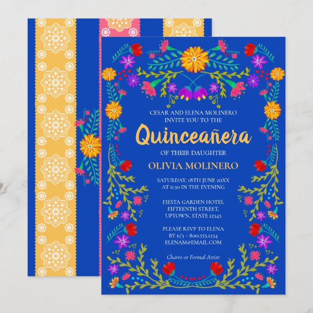 Invitation Royal Blue Fiesta Party Mexicaine Quinceanera (Devant / Derrière)