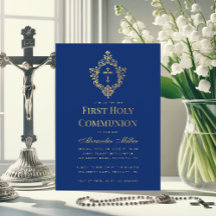 Royal Blue First Communion Faux Gold Cross Crest
