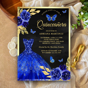 Invitation Royal Blue Floral Butterfly Black Gold Quinceanera